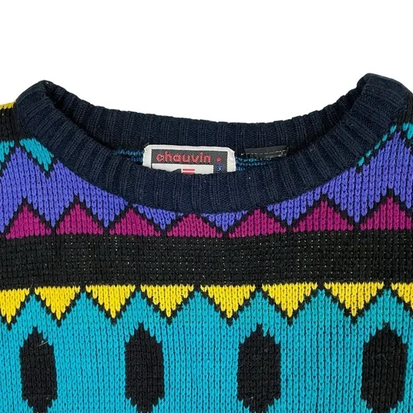 Vintage 90’s Chauvin Geometric Retro Turquoise Knit Sweater - Picture 3 of 8